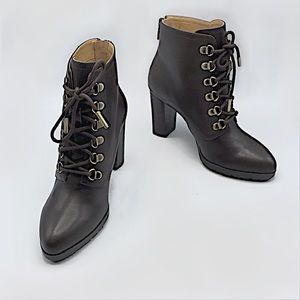 leather combat bootie on stacked lug heel. New